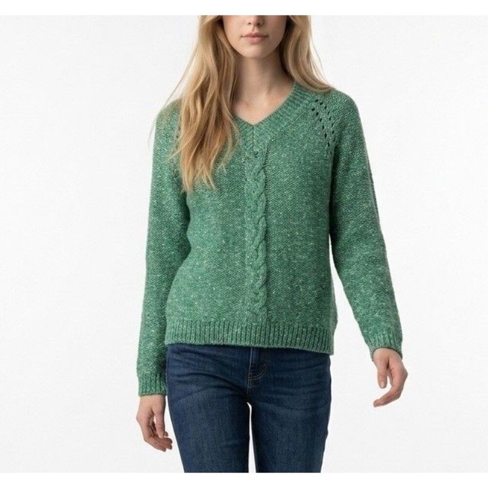 St Johns Bay Women’s Green V Neck Knit Sweater Size PM Long Sleeves Pullover